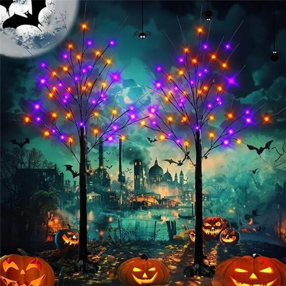 2 Pack 4FT Halloween Lighted Up Birch Tree, Total 96 LED Purple - Picture 7 of 7